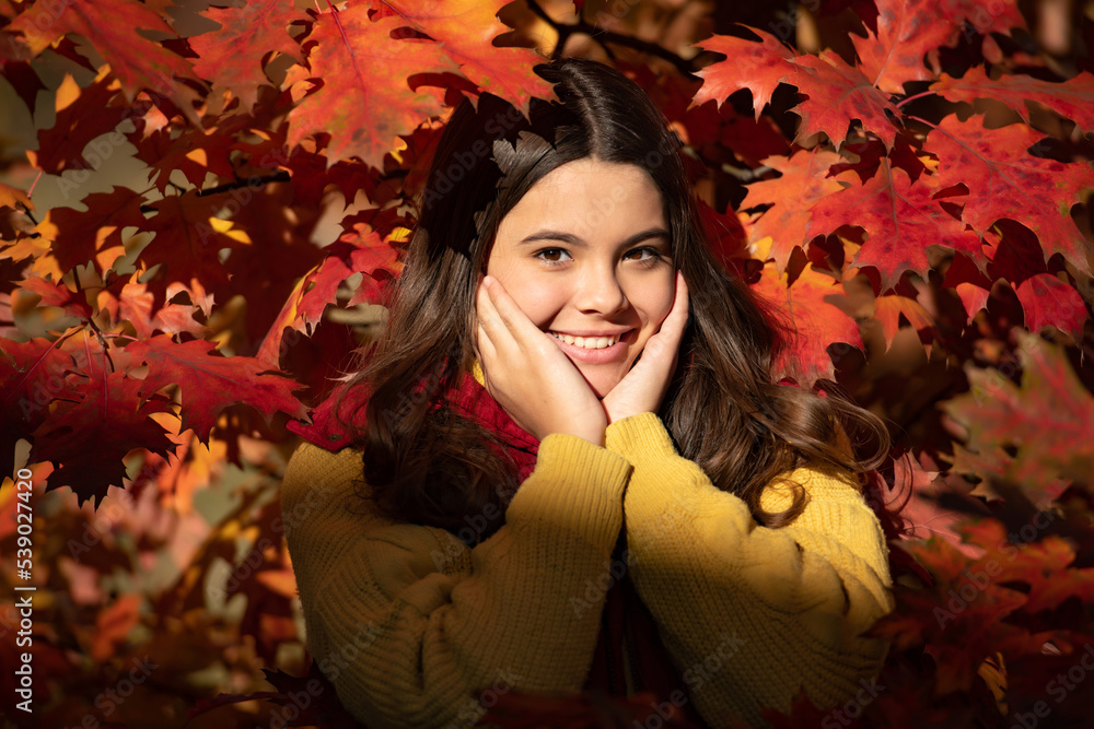 Autumn kid girl face on autumn fall leaf background. positive child standing at beautiful autumn leaves Autumn kid girl face on autumn fall leaf background. positive child standing at beautiful autumn leaves