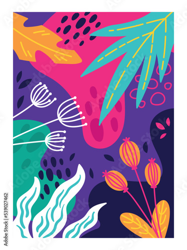 Bright poster with flowers. Graphic element for printing on fabric. Fashion  trend and style  elegance and aesthetics. Plants and flora  botany and environment. Cartoon flat vector illustration