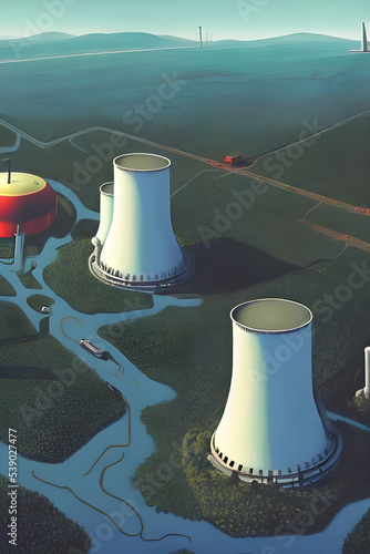 bird's eye view of a nuclear power plant - illustration - digital painting - concept art