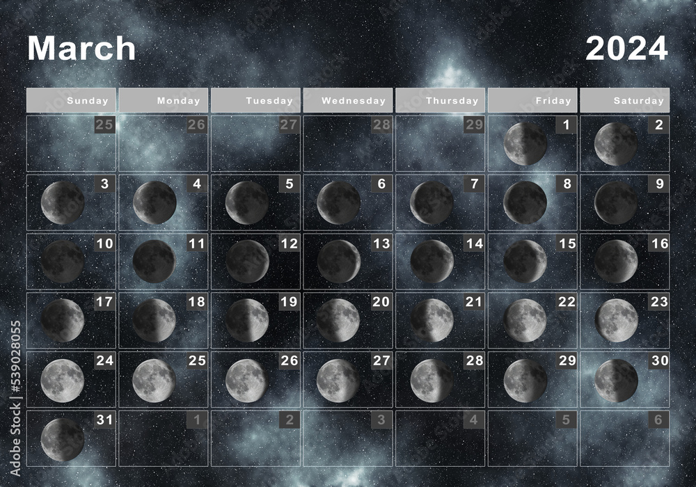 March 2024 Lunar calendar, Moon cycles Stock Illustration Adobe Stock