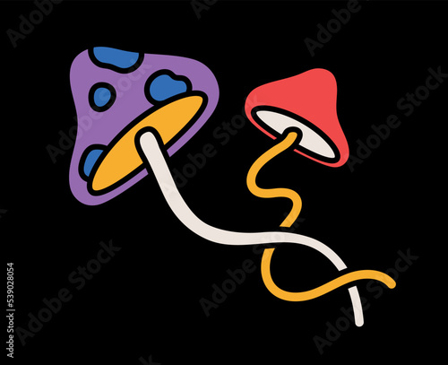 Psychedelic retro sticker. Groove icon with two acid poisonous mushrooms. Organic hallucinogenic plant. Design element for printing. Cartoon flat vector illustration isolated on black background