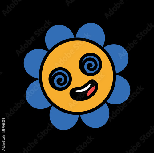 Psychedelic retro sticker. Acid hallucinogenic icon with character of blue flower with hypnotic eyes. Design element for social networks. Cartoon flat vector illustration isolated on black background
