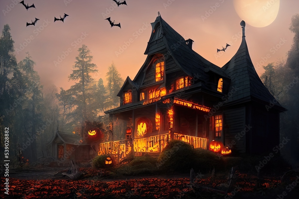 Obraz premium Black and orange house with Halloween theme, 3d render