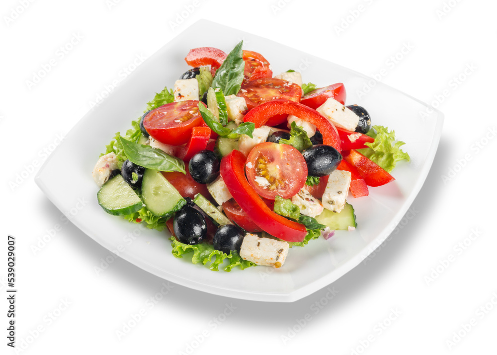 Greek salad with fresh vegetables on white background Greek salad with fresh vegetables on white background