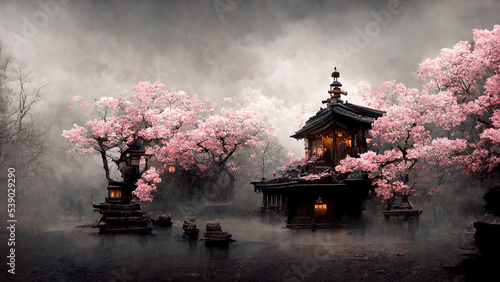 Antique Japanese temple with cherry blossom. AI created a digital art illustration photo