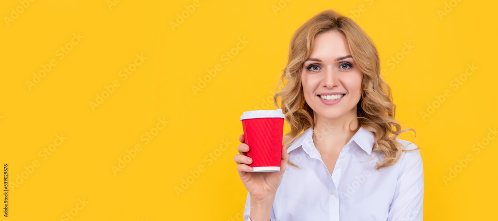 Woman with coffee cup. smiling blonde woman with coffee cup on yellow background. Woman isolated face portrait, banner with mock up copy space. Woman with coffee cup. smiling blonde woman with coffee cup on yellow background. Woman isolated face portrait, banner with mock up copy space.
