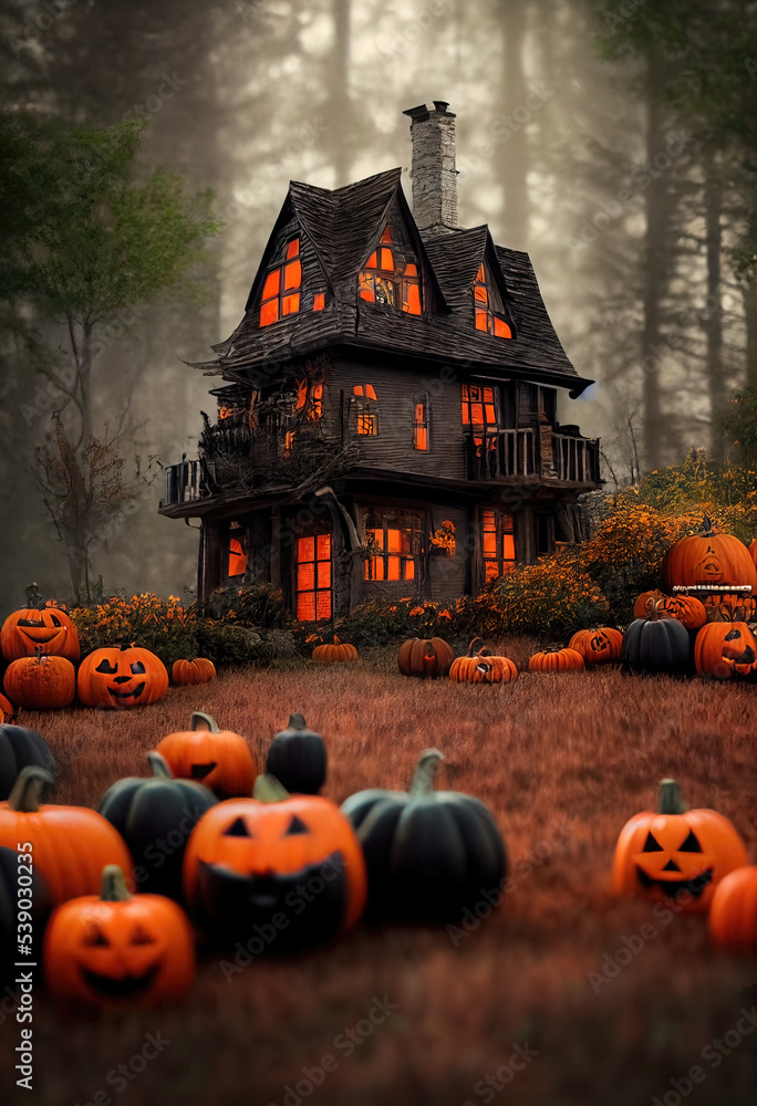 Black and orange house with Halloween theme, 3d render Black and orange house with Halloween theme, 3d render