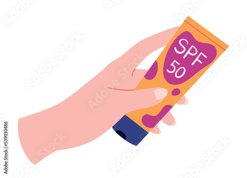 SPF cream in hand. Sticker for social networks and messengers. Template, mock up and layout. Skin care and SPA procedures. Protection and prevention concept. Cartoon flat vector illustration
