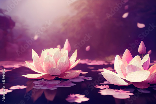 beautiful pink water lilies flowers in water  blossoming sakura trees  nature background wallpaper