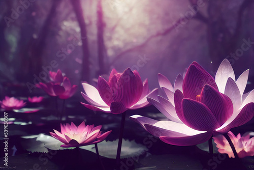 beautiful pink water lilies flowers in water, blossoming sakura trees, nature background wallpaper