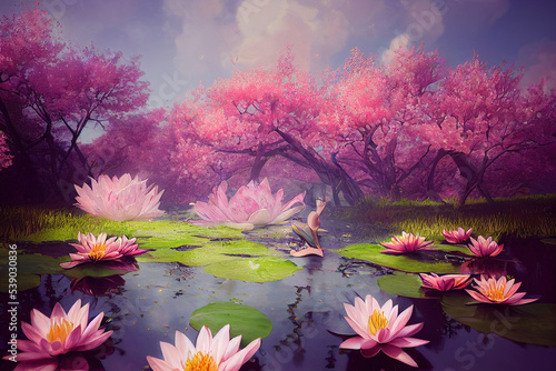 beautiful pink water lilies flowers in water, blossoming sakura trees, nature background wallpaper