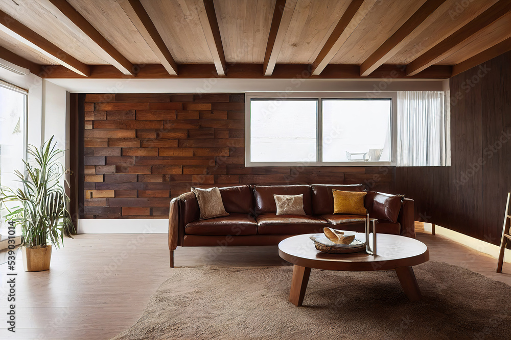 living room interior with leather sofa brown wood plank wall	