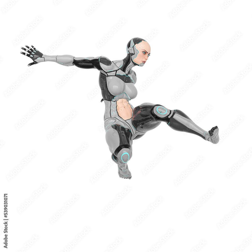 super cyborg girl is jumping like a comic hero super cyborg girl is jumping like a comic hero