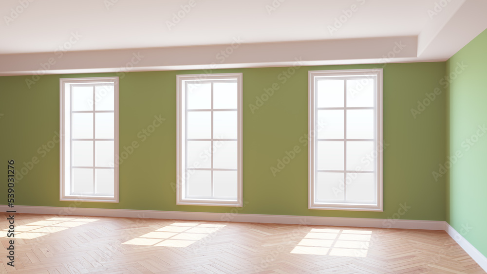 Sunny Interior with Green Walls, Three Large Windows, Light Glossy Herringbone Parquet Floor and a white Plinth. Beautiful Concept of the Empty Room. 3D rendering, Ultra HD 8K, 7680x4320, 300 dpi Sunny Interior with Green Walls, Three Large Windows, Light Glossy Herringbone Parquet Floor and a white Plinth. Beautiful Concept of the Empty Room. 3D rendering, Ultra HD 8K, 7680x4320, 300 dpi