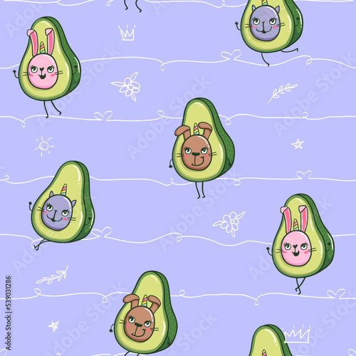 Seamless pattern with cartoon unicorn avocado cat, dog, rabbit character on endless linear repeated background. Cuties fruit animal Repeat print for kids textile,  clothes, wrapping paper.
