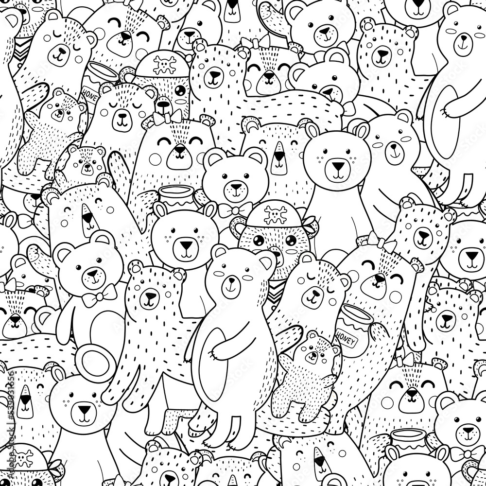 Cute bears seamless pattern for coloring book. Black and white ...