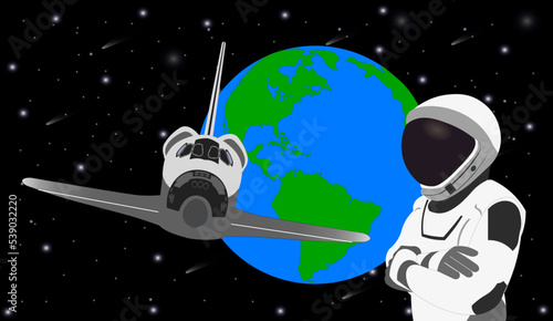 Space Astronaut in new space suit in a front of Space shuttle flight and earth planet. Vector illustration. Elements of this vector illustration were furnished by NASA