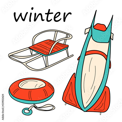 A set of items for winter sports: sledding, bob. Sports equipment. Isolated vector objects in the style of colored doodles.