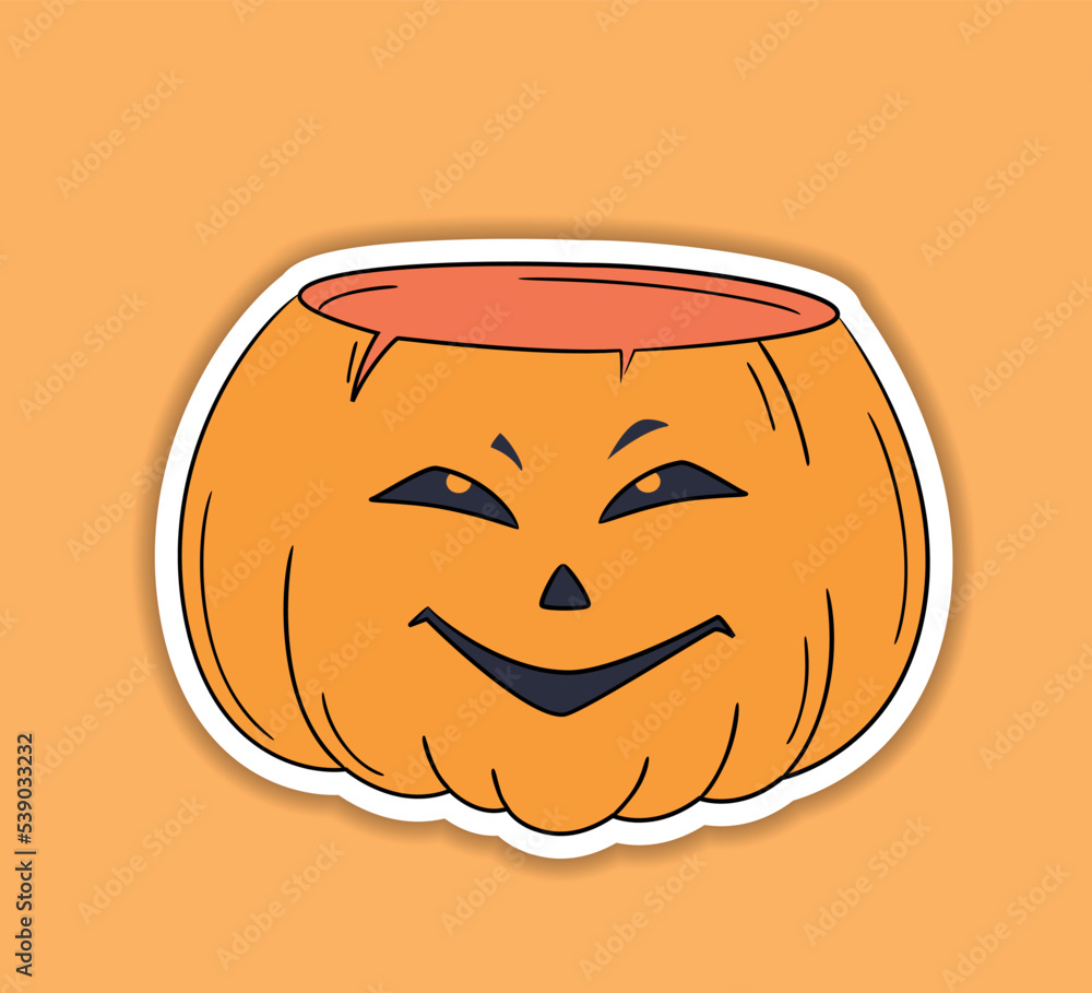 Halloween vector sticker. One line hand drawn Halloween emoticon pumpkin. Jack o Lantern. Funny face isolated on white, cute pumpkins. Doodle for logo, poster, emblem. Cartoon style Halloween vector sticker. One line hand drawn Halloween emoticon pumpkin. Jack o Lantern. Funny face isolated on white, cute pumpkins. Doodle for logo, poster, emblem. Cartoon style