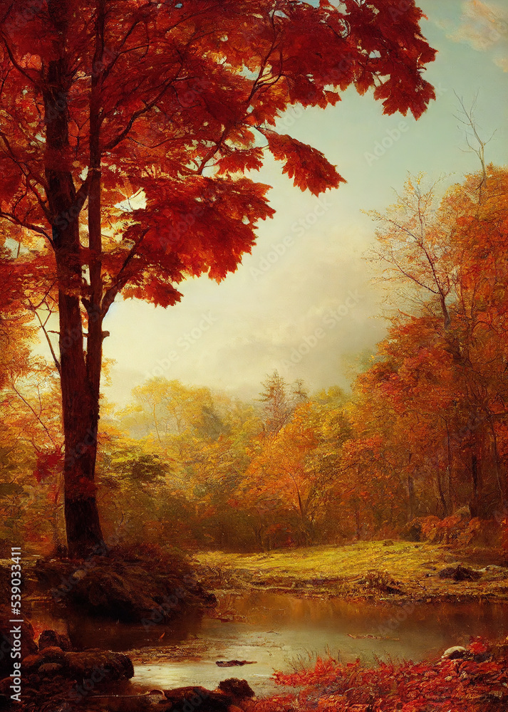 Autumn forest in the morning, spectacular autumn landscape scene
