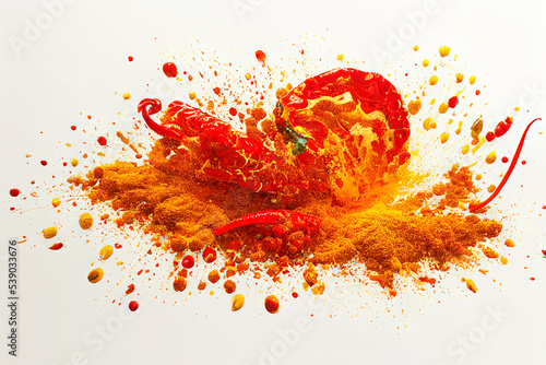 Fotografia Chilli or paprika spice splatters, spice clouds isolated on white background