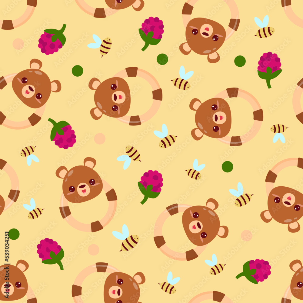 Seamless pattern with animals on an orange background. A pattern with a baby rattle in the form of a bear. Kawaii animals Seamless pattern with animals on an orange background. A pattern with a baby rattle in the form of a bear. Kawaii animals