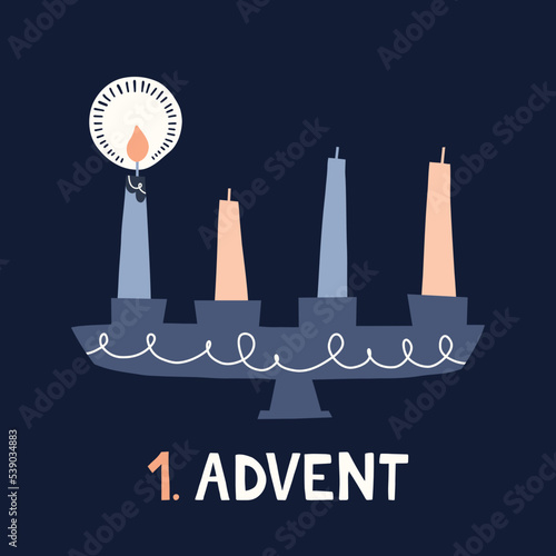 One Burning Candle in Candle Holder Retro Scandinavian Christmas Card. Pastel Nordic Style Flat Illustration. Winter Holidays Wallpaper. Christmas Advent Vector Graphic Print