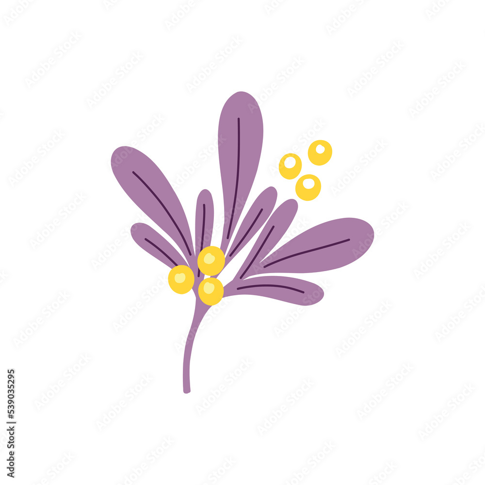 Vector illustration with purple twigs of leaves and pale yellow berries and flowers in a flat handmade style