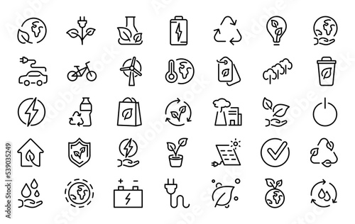 Set of 35 ecology icons in line style. Eco green icons. Ecology and nature. Icons for renewable energy, green technology. Vector illustration.