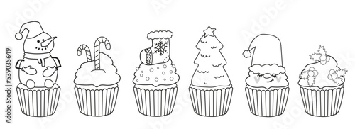 Christmas coloring page for kids. Christmas cupcakes. Snowman, candy, tree. Happy holidays coloring page. Vector illustration	