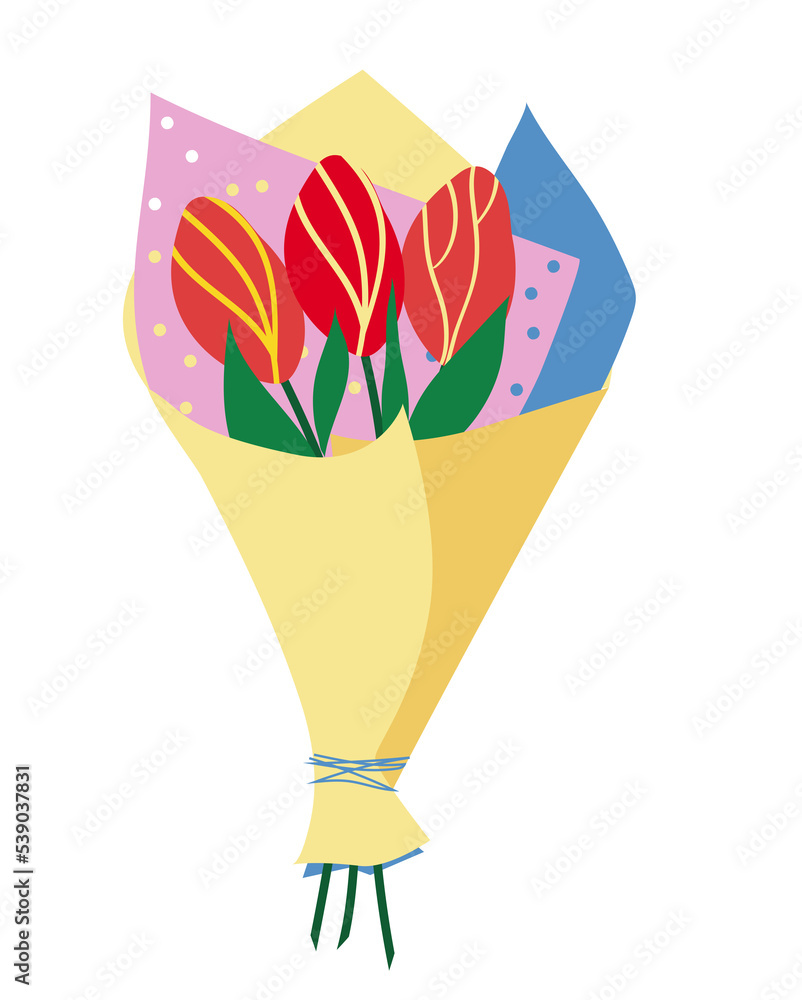 Obraz premium Gift flowers in a wrapper, bouquet of tulips, hand drawing, doodle bright colors