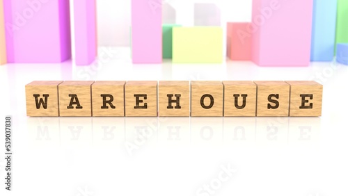 Word with the text WAREHOUSE engraved on wooden cubes reflected on the white surface. Business concept. In the back are colorful cuboids in different shapes. (3D rendering)