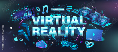 Neon banner virtual reality with elements VR - Virtual reality glasses, controllers, social media elements, game joystick, video card, cloud service. Concept VR, AR, metaverse, games. 3D vector banner