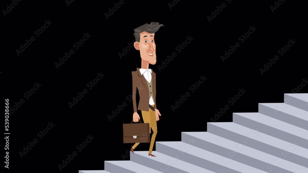 Cartoon stylish fancy guy character with briefcase climbing stairs animation with alpha channel Cartoon stylish fancy guy character with briefcase climbing stairs animation with alpha channel