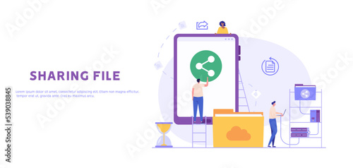 People send files for business. Concept of sharing file, data transfer, transfer of documentation, cloud service, file management, electronic document management. Vector illustration in flat design