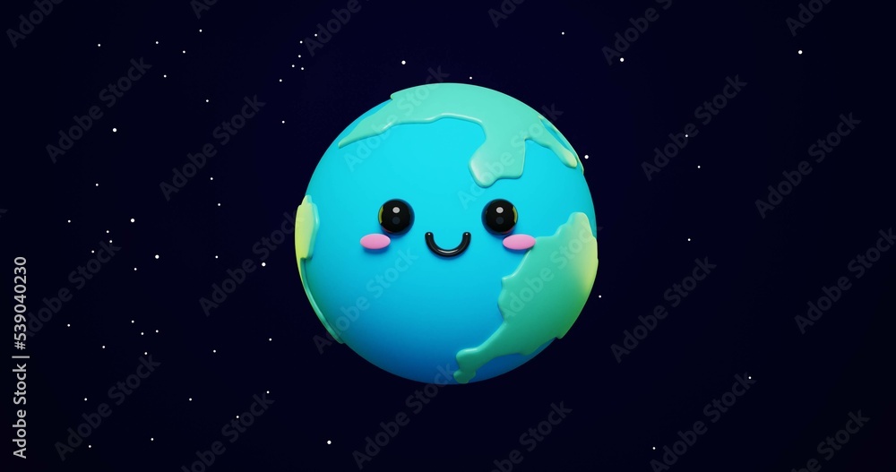 Adorable and Cute 3d Cartoon planet Earth on space stars background. International Mother Earth Day banner or poster. Happy Earth Day conceptual background