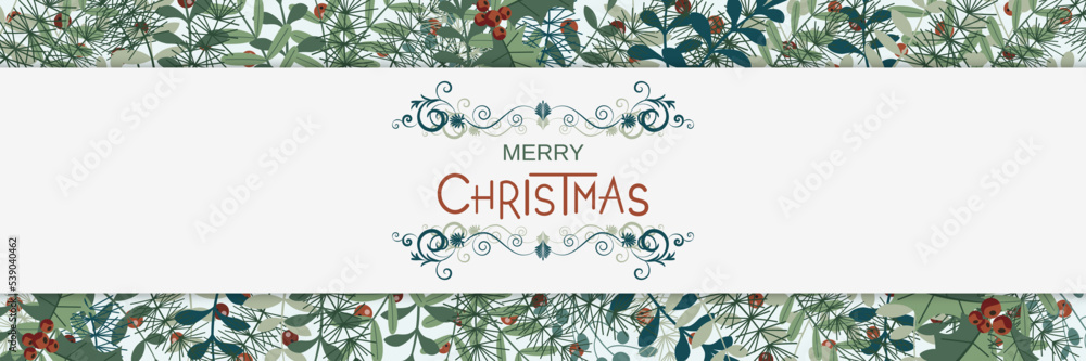 Christmas and New Year floral style horizontal banner, poster, flyer, web header vector design template