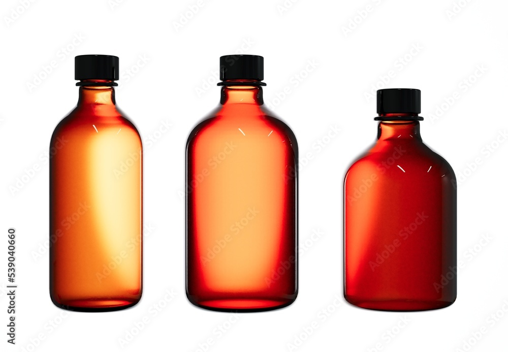 Three different cosmetic bottles on white background 3D render, brown glass care product jars with plastic caps isolated, design ready packaging template Three different cosmetic bottles on white background 3D render, brown glass care product jars with plastic caps isolated, design ready packaging template