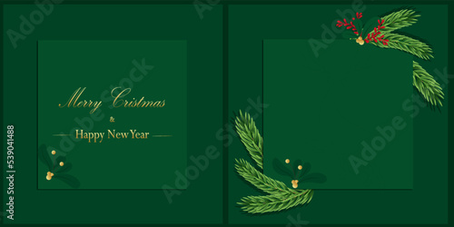 Invitation card for the New Year's party. In green, fir branches and ornament.