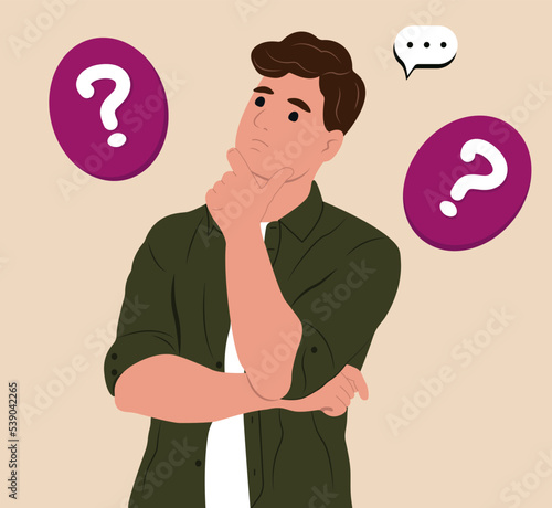 Make choice, decision concept. A young man makes a choice, thinks, analyzing two options. Doubting, deciding, setting priorities. Flat vector illustration