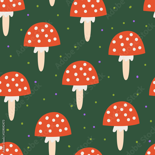 Seamless pattern with mushrooms. Flat vector halloween background. Spooky mystical illustration