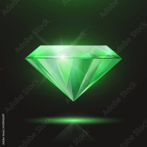 Vector 3d Realistic Green Transparent Triangle Glowing Gemstone, Diamond, Crystal, Rhinestone Closeup on Black Background. Jewerly Concept. Design Template, Banner