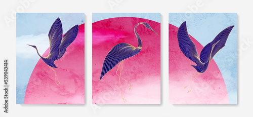Watercolor art poster set with sun and birds in gold art line style. Animal hand drawn background in oriental style for decoration, print, wallpaper, textile, packaging, interior design.
