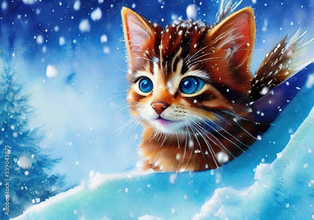 Peaceful kitten in falling snow, holiday theme, space for text Peaceful kitten in falling snow, holiday theme, space for text