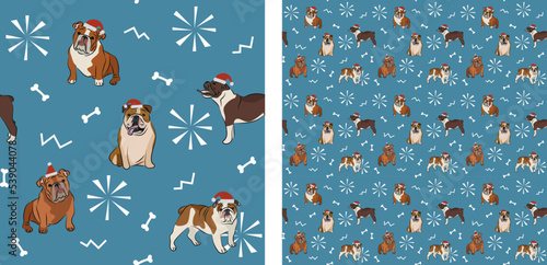 Seamless dog pattern, winter Christmas texture. Square format, t-shirt, poster, packaging, textile, socks, textile, fabric, decoration, wrapping paper. Trendy hand-drawn English bulldog dog breed.