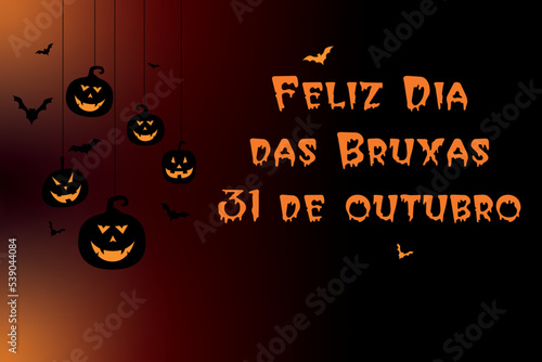 cartão ou banner para uma festa de halloween feliz em 31 de outubro em laranja em um fundo gradiente preto e laranja com abóboras laranja e pretas e morcegos pretos