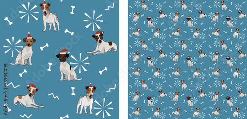 Seamless dog pattern, winter Christmas texture. Square format, t-shirt, poster, packaging, textile, socks, textile, fabric, decoration, wrapping paper. Trendy hand-drawn jack russell dogs, breed
