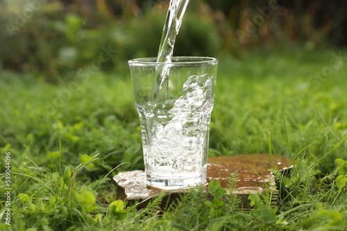 Pouring fresh water into glass on stone in green grass outdoors