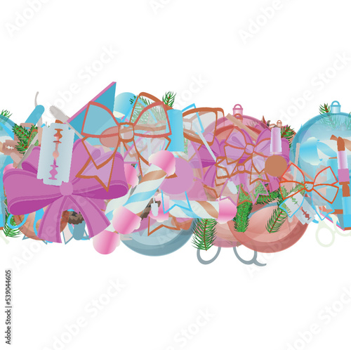 Background pattern abstract seamless design texture. Horizontal stripe. Border frame, transparent background. Theme is about new year, pomade, Christmas tree toy, decorative, decor, abstract