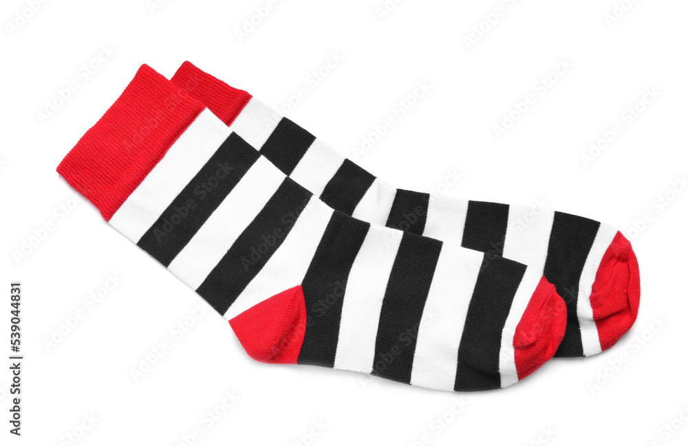 Pair of striped socks on white background, top view Pair of striped socks on white background, top view